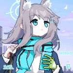  1girl animal_ear_fluff animal_ears blue_archive blue_eyes blue_jacket blue_scarf cellphone cloud extra_ears floating_hair gloves green_gloves hair_behind_ear halo holding holding_phone jacket lamily looking_up lowres phone pixel_art scarf shiroko_(blue_archive) shirt sky smartphone solo white_shirt wolf_ears 