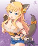  1girl animal_ears bangs blonde_hair blue_eyes blush bow breasts brown_gloves cleavage commentary_request denim denim_shorts eyebrows_visible_through_hair fingerless_gloves fur_trim gloves hair_bow hair_ornament halloween idolmaster idolmaster_cinderella_girls idolmaster_cinderella_girls_starlight_stage jewelry kaiware-san large_breasts lawson long_hair looking_at_viewer navel ootsuki_yui open_mouth orange_bow ponytail shorts smile solo spider_web_print tail tail_bow wavy_hair wolf_ears wolf_tail 