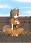 1girl absurdres animal_ear_fluff animal_ears barefoot belt black_belt blue_sky brown_hair brown_pants chewing chicken_(food) chicken_leg chinese_commentary closed_mouth cloud commentary_request dougi food fox_ears fox_girl fox_tail full_body highres holding holding_food karate kuma-bound long_hair martial_arts_belt original outdoors pants red_eyes sitting sky smile solo tail toes 