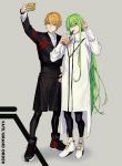  1boy 1other absurdres blonde_hair bubble_tea cellphone earrings enkidu_(fate/strange_fake) fate/grand_order fate/strange_fake fate_(series) gilgamesh gilgamesh_(caster)_(fate) green_eyes green_hair highres jewelry long_hair namakawa open_mouth phone red_eyes shoes shorts smartphone sneakers v very_long_hair 