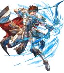  1boy alternate_costume armor armored_boots arrow aura boots bow_(weapon) brown_hair cape fingerless_gloves fire_emblem fire_emblem:_genealogy_of_the_holy_war fire_emblem:_thracia_776 fire_emblem_heroes full_body gloves highres hino_shinnosuke leif_(fire_emblem) male_focus official_art open_mouth orange_eyes quiver solo teeth transparent_background weapon 