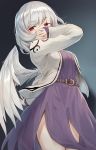  1girl arm_up bangs belt breasts brown_belt commentary cowboy_shot dress eyebrows_visible_through_hair feathered_wings grey_background grey_jacket highres jacket kishin_sagume looking_at_viewer medium_breasts open_clothes open_jacket purple_dress red_eyes short_hair silver_hair single_wing solo standing touhou usotsuki_penta white_wings wings 