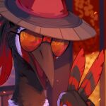  ambiguous_form ambiguous_gender avian beak blurred_background brown_beak brown_body brown_feathers clothing corzh77 eyewear feathers glasses hat headgear headwear hi_res looking_at_viewer open_mouth red_body red_feathers solo tinted_glasses white_body white_feathers 
