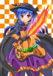  1girl :&gt; alternate_costume black_cape black_gloves blue_hair blush boots bow bowtie cape checkered checkered_background commentary cross-laced_footwear dress eyebrows_visible_through_hair feet_out_of_frame gloves hair_ornament halloween halloween_costume hat highres hinanawi_tenshi holding holding_weapon jack-o&#039;-lantern jack-o&#039;-lantern_hair_ornament layered_dress long_hair looking_at_viewer orange_background orange_dress purple_footwear purple_neckwear purple_skirt red_eyes sidelocks skirt smile solo standing sugiyama_ichirou sword_of_hisou touhou two-tone_background very_long_hair weapon white_background 