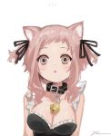  1girl animal_ears artist_name bell belt_collar black_collar black_ribbon blush breasts cat_ears cat_girl cleavage collar grey_eyes hair_ribbon highres jingle_bell long_hair medium_breasts neck_bell open_mouth original pink_hair plum0o0 ribbon short_bangs signature simple_background solo triangle_mouth two_side_up upper_body white_background 