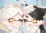  2girls ;d ;o black_hair blush bow-shaped_hair bright_pupils callie_(splatoon) cousins cross-shaped_pupils ear_blush earrings fangs food food_on_head gloves hand_up highres inkling jewelry long_hair marie_(splatoon) mole mole_under_eye multiple_girls object_on_head official_alternate_costume one_eye_closed open_mouth plum0o0 pointy_ears scarf short_eyebrows short_hair smile splatoon_(series) splatoon_3 symbol-shaped_pupils teeth tentacle_hair v white_gloves white_hair white_pupils white_scarf yellow_eyes 