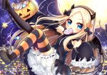  1girl abigail_williams_(fate/grand_order) bangs black_bow black_dress black_footwear black_hairband black_legwear black_sleeves blonde_hair bloomers blush bow candy candy_wrapper cityscape commentary demon_girl demon_horns demon_tail detached_sleeves dress eyebrows_visible_through_hair fake_horns fate/grand_order fate_(series) food forehead full_moon hairband halloween halloween_basket horns knee_up leg_up lollipop long_sleeves looking_at_viewer mismatched_legwear moon night night_sky open_mouth orange_bow outdoors parted_bangs polka_dot polka_dot_bow shoe_soles shoes sky sleeveless sleeveless_dress sleeves_past_fingers sleeves_past_wrists solo star star_(sky) starry_sky striped striped_legwear swirl_lollipop tail thighhighs torn_clothes torn_sleeves twitter_username underwear v-shaped_eyebrows white_bloomers yukiyuki_441 