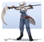  2024 absurd_res anthro badger big_breasts boots bottomwear breasts brown_body brown_fur clothing female footwear fur hair hi_res mammal melee_weapon muscular muscular_female mustelid musteline overalls pants polearm putai22 scythe simple_background solo stain standing tail tools veronica_(shai_dreamcast) weapon white_body white_fur white_hair wrench 