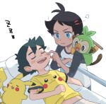  2boys :t ash_ketchum black_hair blue_eyes character_print cheek_pinching commentary eyelashes goh_(pokemon) grookey hand_on_own_stomach highres lying male_focus multiple_boys on_back open_mouth pikachu pillow pinching pokemon pokemon_(anime) pokemon_journeys pokesumomo puff_of_air raglan_sleeves shirt short_hair short_sleeves sleeping symbol-only_commentary teeth tongue upper_teeth_only white_background yellow_shirt zzz 