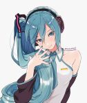  1girl blue_eyes blue_hair blue_nails blue_necktie blush collarbone collared_shirt commentary derivative_work detached_sleeves english_commentary grey_background hatsune_miku hatsune_miku_(noodle_stopper) head_tilt headphones highres leaning_to_the_side looking_at_viewer meme necktie photo-referenced shirt side_ponytail sidetail_miku_noodle_stopper_(meme) smile solo sumustard twitter_username upper_body vocaloid 