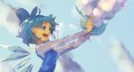  1girl :d ahoge arched_back bangs blue_bow blue_dress blue_eyes blue_hair blurry bow breasts breath chishibuki_hiyoko cirno cloud commentary_request crossover dress gen_3_pokemon hair_bow holding holding_pokemon ice ice_wings long_sleeves looking_at_animal open_mouth outdoors outstretched_arms pinafore_dress pokemon pokemon_(creature) shiny shiny_hair shirt short_hair sky small_breasts smile swablu tagme teeth touhou upper_body white_shirt wing_collar wings 