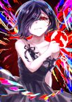  1girl bare_arms bare_shoulders black_dress breasts collarbone dress hair_over_one_eye hand_on_own_shoulder highres kagune_(tokyo_ghoul) kirishima_touka large_breasts looking_at_viewer medium_breasts multicolored_background parted_lips red_background red_eyes segawa_me_no short_hair solo teeth tokyo_ghoul 