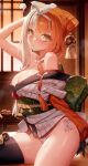  1girl @_@ absurdres bare_shoulders blunt_bangs blush breasts brown_hair cleavage fate/grand_order fate_(series) gloves green_kimono hair_ornament hair_ribbon highres izumo_no_okuni_(fate) izumo_no_okuni_(first_ascension)_(fate) japanese_clothes kimono long_hair long_sleeves looking_at_viewer m-da_s-tarou medium_breasts multicolored_clothes multicolored_hair multicolored_kimono off_shoulder panties red_kimono ribbon rope_belt sash short_kimono sidelocks smile solo split-color_hair sweat thighhighs thighs two-tone_hair underwear white_hair white_panties wide_sleeves yellow_eyes 