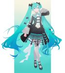  1girl aqua_eyes aqua_hair hair_ornament hair_ribbon hatsune_miku headset heiwa_(murasiho) highres long_hair ribbon shoes skirt thighhighs twintails very_long_hair vocaloid white_legwear 