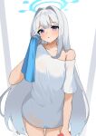  1girl alternate_costume bcag. blue_archive blue_halo blush breasts collarbone cowboy_shot grey_hair halo highres holding holding_towel long_hair miyako_(blue_archive) parted_lips purple_eyes shirt short_sleeves small_breasts solo sweat towel white_shirt 