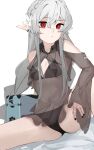  1girl alternate_costume ao_oni_(onioni-aoi) arknights bikini black_bikini braid breasts closed_mouth commentary covered_navel expressionless feet_out_of_frame flower grey_hair hair_between_eyes hair_flower hair_ornament highres long_hair looking_at_viewer pointy_ears red_eyes see-through sidelocks simple_background slit_pupils small_breasts solo spread_legs swimsuit swimsuit_cover-up warfarin_(arknights) white_background white_flower 