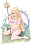  1girl :o absurdres alternate_costume bare_arms barefoot blonde_hair blue_eyes blush breasts collarbone demorisshu flower goblin_slayer! grass highres holding holding_staff long_hair looking_at_viewer navel on_grass panties priestess_(goblin_slayer!) sitting small_breasts solo staff transparent_background underwear underwear_only wet white_panties 