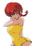  1girl absurdres bangs blood blood_from_mouth braid breasts bruise china_dress chinese_clothes dress eyebrows_visible_through_hair genderswap genderswap_(mtf) highres hiroki_nagase injury medium_breasts ranma-chan ranma_1/2 red_eyes red_hair saotome_ranma short_braid short_dress short_hair single_braid sleeveless sleeveless_dress solo white_background wiping_face yellow_dress 