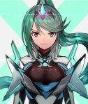  &gt;:) 1girl aqua_hair black_hairband breasts closed_mouth clothes_writing gem glowing hairband highres horn large_breasts looking_at_viewer looking_back pneuma_(xenoblade_2) pond serious shoulder_armor smile solo spoilers tarbo_(exxxpiation) two-tone_background upper_body xenoblade_(series) xenoblade_2 
