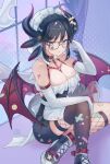  1girl absurdres adjusting_eyewear alternate_costume ass bare_shoulders black_hair blue_eyes breasts chest_harness cleavage dragon_girl dragon_horns dragon_tail dragon_wings dress duel_monster harness heart highres horns house_dragonmaid large_breasts maid maid_headdress purple_theme senada37 short_hair solo strapless strapless_dress tail window wings yu-gi-oh! 