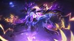  1boy claws colored_skin crystalis_indomitus_xerath english_commentary extra_eyes glowing glowing_eye highres league_of_legends lightning magic male_focus moon official_alternate_costume official_art outdoors purple_eyes rock solo water xerath 
