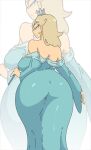  1girl amy_(leedraw) ass ass_focus blonde_hair blue_dress blue_eyes breasts dress from_behind holding holding_wand huge_ass large_breasts long_hair looking_at_viewer looking_back mario_(series) off_shoulder parted_lips rosalina solo sparkle_earrings wand white_background zoom_layer 