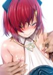  1girl ange_katrina bangs bare_shoulders black_bow blue_eyes blurry blurry_background blush bow breasts breasts_outside breath closed_mouth eyebrows_visible_through_hair flat_chest fumihiko_(pixiv2658856) hair_between_eyes hair_bow hair_intakes hair_ornament hairclip highres jewelry necklace nijisanji nipple_piercing nipples nose_blush one_eye_closed piercing red_hair saliva saliva_trail shiny shiny_hair shiny_skin shirt short_hair sleeveless solo sweat upper_body virtual_youtuber wavy_mouth white_background white_shirt 