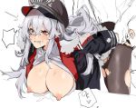  ahegao arm_held_back azur_lane bangs banssee bent_over breasts cape clothed_sex crossed_bangs doggystyle fur-trimmed_cape fur_trim graf_zeppelin_(azur_lane) hanging_breasts hat hetero large_breasts military_hat nipples open_clothes open_shirt pantyhose peaked_cap sex silver_hair torn_clothes torn_legwear 