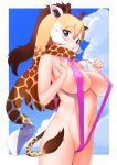 1girl absurdres animal_ear_fluff animal_ears areola_slip bare_arms bare_shoulders black_eyes blonde_hair blue_sky breasts brown_hair cameltoe chestnut_mouth cloud commentary cowboy_shot fur-tipped_tail giraffe_ears giraffe_horns giraffe_tail hair_between_eyes highres horns kemono_friends large_breasts long_hair looking_at_viewer masuyama_ryou navel pink_slingshot_swimsuit ponytail reticulated_giraffe_(kemono_friends) sky slingshot_swimsuit solo sweat swimsuit tail white_hair 
