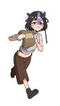 1girl ajidot alternate_costume black_hair brown_footwear brown_pants carrying choker crying crying_with_eyes_open dirty dirty_face gloves goddess_of_victory:_nikke grey_tank_top hair_ribbon highres multicolored_hair navel pants purple_eyes purple_hair purple_ribbon ribbon running simple_background solo syuen_(nikke) tank_top tears two-tone_hair white_background white_gloves 