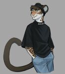  absurd_res anthro biped brown_hair camomila_(ramahuro) clothed clothing eyebrows facial_piercing felid hair hands_in_both_pockets hi_res jaguar male mammal nonbinary_(lore) nose_piercing nose_ring pantherine piercing ramahuro ring_piercing smile solo tail 