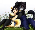  anthro bell bell_collar black_hair canid canine canis collar disterious domestic_dog duo eyes_closed eyewear felid feline female flower glasses grass hair leaning_on_another long_hair male mammal plant pridark relaxing shiba_inu sitting smile spitz tongue 