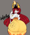  absurd_res big_breasts big_butt breasts butt butt_slap clothing crown disney dress eyelashes female grey_background hair hair_over_eye headgear hekapoo hi_res horn horned_humanoid huge_butt humanoid humanoid_pointy_ears lemonadepikachu long_hair looking_at_viewer looking_back looking_back_at_viewer one_eye_obstructed onomatopoeia orange_eyes red_hair simple_background slap smile solo sound_effects spanking star_vs._the_forces_of_evil text thick_thighs white_body wide_hips yellow_clothing yellow_dress yellow_horn yellow_sclera 