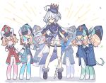  &gt;_&lt; 6+girls :d :o animal_ears aqua_hat ascot black_footwear blonde_hair blue_ascot blue_bow blue_bowtie blue_hat blue_jacket bow bowtie closed_eyes closed_mouth cowlick facing_viewer frilled_sleeves frills full_body furina_(genshin_impact) genshin_impact gloves hand_on_own_hip hat hat_ribbon jacket long_hair long_sleeves looking_at_viewer melusine_(genshin_impact) multiple_girls open_mouth orange_eyes pink_bow pink_bowtie purple_eyes red_hat red_jacket ribbon shoes shorts smile splendor_of_tranquil_waters_(genshin_impact) tail top_hat very_long_hair waa_(wawawaa1005) waistcoat white_gloves white_hair white_shorts 