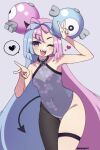  ;d bare_shoulders blue_hair blush bow-shaped_hair character_hair_ornament covered_navel cowboy_shot double_v eyelashes fake_tail fishnet_pantyhose fishnets hair_ornament heart highres iono_(pokemon) leotard long_hair one_eye_closed open_mouth pantyhose pink_hair pokemon pokemon_sv popo_(popopuri) purple_background sharp_teeth single_leg_pantyhose smile spoken_heart tail teeth thigh_strap twintails twitter_username upper_teeth_only v very_long_hair 