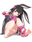  1girl animal_ears barefoot black_dress black_hair blunt_bangs blush bow capelet closed_mouth commentary_request dress feet foot_focus full_body hair_bow hand_in_own_hair hanoyama heavyblade_rabbit highres leg_ribbon long_hair looking_at_viewer pink_bow pink_eyes pink_ribbon purple_capelet rabbit_and_steel rabbit_ears rabbit_girl ribbon ribbon-trimmed_dress short_bangs simple_background sitting smile solo toes white_background 