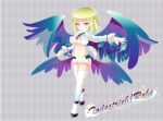  1girl areola_slip argyle_background beatmania_iidx between_breasts black_necktie blonde_hair blue_wings blush breasts character_name copyright_name covered_nipples full_body gokapon grey_background large_breasts long_sleeves low_wings multiple_wings navel necktie necktie_between_breasts open_clothes open_shirt outstretched_arm pink_eyes rche_(beatmania) shorts smile solo thighhighs white_shorts white_thighhighs wings 