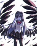  akemi_homura akuma_homura arm_at_side backlighting black_hair black_hairband black_legwear black_skirt black_wings closed_eyes commentary_request crying earrings english_commentary eyebrows_visible_through_hair feathered_wings feathers feet_out_of_frame furrowed_eyebrows hairband hand_on_own_face highres jewelry kazaha_(kazaha77) long_hair long_sleeves mahou_shoujo_madoka_magica mahou_shoujo_madoka_magica_movie mitakihara_school_uniform mixed-language_commentary pantyhose pantyhose_pull plaid plaid_skirt pleated_skirt red_ribbon ribbon sad school_uniform simple_background single_earring skirt spoilers standing straight_hair tears twitter_username uniform white_background wings wiping_tears 