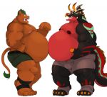  2017 anthro argument belly belt big_belly big_muscles black_body bottomwear brown_body captain_spike_(jim55) ceratopsian clothing dinosaur duo extinct feet foot_wraps gesture green_hair hair hand_gesture holding_belly horn leon_(bowserfan93) lucusold male male/male mammal multicolored_body musclegut muscular muscular_anthro muscular_male nipples ornithischian overweight overweight_anthro overweight_male pointing pointing_at_belly pointing_at_self prehistoric_species red_belly reptile scalie shorts simple_background suid suina sus_(pig) triceratops tusks wild_boar wraps 