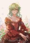  1girl 5altybitter5 breasts cleavage closed_mouth copyright_request dress flower frilled_dress frills green_hair highres long_hair long_sleeves pink_flower red_dress red_eyes smile solo standing 