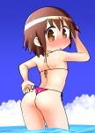  1girl absurdres adjusting_clothes adjusting_swimsuit ass bikini blush breasts brown_eyes brown_hair chiden cloud eyebrows_visible_through_hair highres kill_me_baby looking_at_viewer looking_back micro_bikini ocean open_mouth oribe_yasuna outdoors pink_bikini shiny shiny_hair shiny_skin short_hair shoulder_blades sky small_breasts solo standing sweat swimsuit swimwear wet wet_hair 