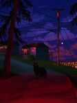 building bush city cloud commentary english_commentary full_moon glowing glowing_eyes grass highres house jubilee_(8pxl) looking_at_viewer moon night night_sky no_humans original outdoors pixel_art power_lines red_eyes road scenery sky tree utility_pole wolf 