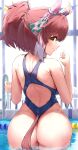  1girl absurdres alternate_costume animal_ears ass back back_cutout bare_arms bare_shoulders blue_one-piece_swimsuit blurry blurry_background blush brown_hair closed_mouth clothing_cutout commentary_request dantsu_flame_(umamusume) ear_covers from_behind highres horse_ears horse_girl horse_tail huge_ass looking_at_viewer looking_back multicolored_hair one-piece_swimsuit partially_submerged ponytail pool shumai_il smile solo streaked_hair swimsuit tail tail_through_clothes umamusume white_hair yellow_eyes 