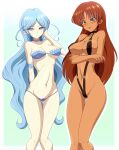  2girls absurdres arm_under_breasts armband ass_visible_through_thighs bangs bikini bishoujo_senshi_sailor_moon black_choker black_swimsuit blue_background blue_bikini blue_choker blue_hair blush border breasts brown_eyes cameltoe choker clam_curry closed_mouth collarbone covered_nipples crossed_arms dark-skinned_female dark_skin earrings embarrassed frilled_bikini frilled_choker frills gradient gradient_background halterneck hand_on_own_cheek hand_on_own_face head_fins highres jewelry large_breasts light_purple_eyes long_hair medium_breasts micro_bikini multiple_girls navel outside_border pale_skin parted_bangs parted_lips polka_dot polka_dot_bikini polka_dot_choker red_hair sailor_aluminum_seiren sailor_lead_crow slingshot slingshot_swimsuit smile stomach strapless strapless_bikini string_bikini swimsuit thigh_gap very_long_hair wavy_hair white_border 