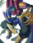  absurdres armor arresterdramon black_pants colored_skin digimon digimon_(creature) dragon full_body gloves highres legzy looking_at_viewer pants purple_skin purple_tail red_armor simple_background solo white_background yellow_footwear yellow_gloves 