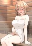  1girl :d blush breasts brown_hair cleavage clothes_lift collarbone commentary_request female_pubic_hair furaggu_(frag_0416) green_eyes highres kantai_collection large_breasts lifting_own_clothes mutsu_(kancolle) naked_towel open_mouth pubic_hair sauna short_hair sitting smile steam tongue towel towel_lift 