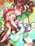  2girls antlers arm_around_shoulder black_ribbon blue_fire bow breasts brown_hair byakuya0315 cleavage detached_sleeves fire green_bow hair_ornament hair_rings hands_up headband highres medium_breasts multiple_girls oni_horns pink_hair pointy_ears pom_pom_(clothes) purple_ribbon red_headband ribbon ribbon-trimmed_sleeves ribbon_trim short_hair tears wide_sleeves yellow_eyes youkai yuri zashiki-warashi 