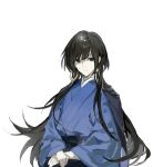  1boy black_eyes black_hair blue_kimono call_of_cthulhu chinese_commentary closed_mouth commentary_request earrings highres hoop_earrings izayoinotsuki_nihyakkeiri japanese_clothes jewelry kimono long_hair male_focus mingjing_fangfu_keyi_zhanduan_chuntian pale_skin simple_background smile solo upper_body white_background xiaohuaitongxue 