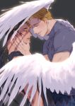  2boys angel_wings ao_isami black_hair blonde_hair blood blood_on_face couple cowboy_shot demon_wings face-to-face facial_hair feathered_wings from_side half-closed_eyes hands_on_another&#039;s_cheeks hands_on_another&#039;s_face highres lewis_smith male_focus multiple_boys omochinosu profile shirt sideburns_stubble smile standing stubble t-shirt thick_eyebrows toned toned_male wing_hug wings yaoi yuuki_bakuhatsu_bang_bravern 