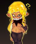  absurd_res agent_3_(splatoon_3) black_background breasts cephalopod clothing female grimace hand_on_hip hi_res humanoid humanoid_pointy_ears inkling marine mollusk nintendo not_furry onimiere pseudo_hair question_mark simple_background solo splatoon tentacle_hair tentacles torn_clothing under_boob 
